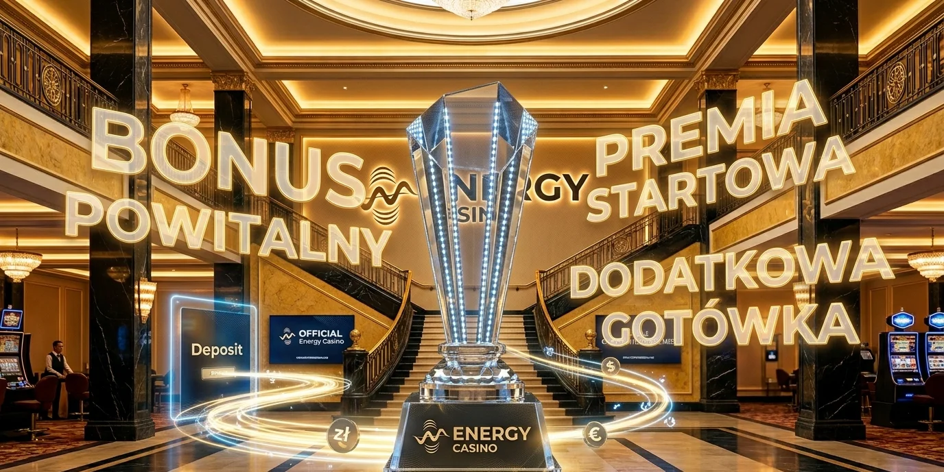 Banner bonusu powitalnego Energy Casino z trofeum i pakietem free spins